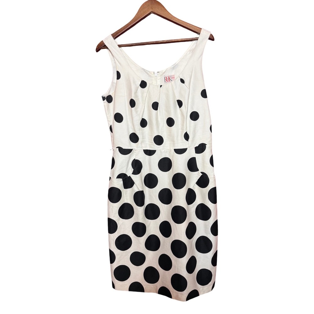 R&K Originals Women Size 12 Black Polka Dot Sheath White Midi Dress Cotten Blend